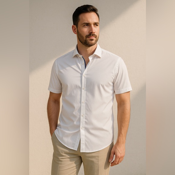 Bugatchi Other - Bugatchi White Short-Sleeve Button-Up Shirt Shaped Fit 100% Cotton Luxury Size L